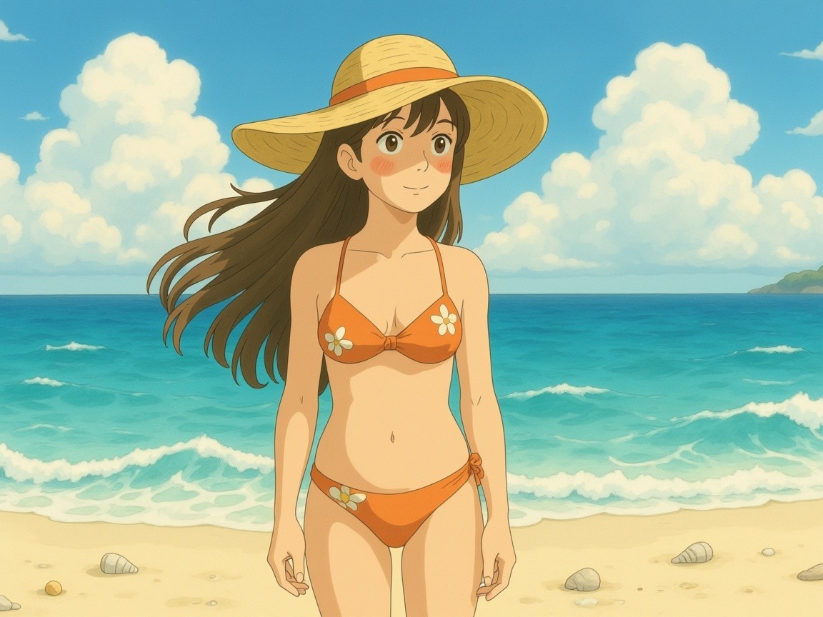 Young Woman in Orange Bikini on Sandy Beach