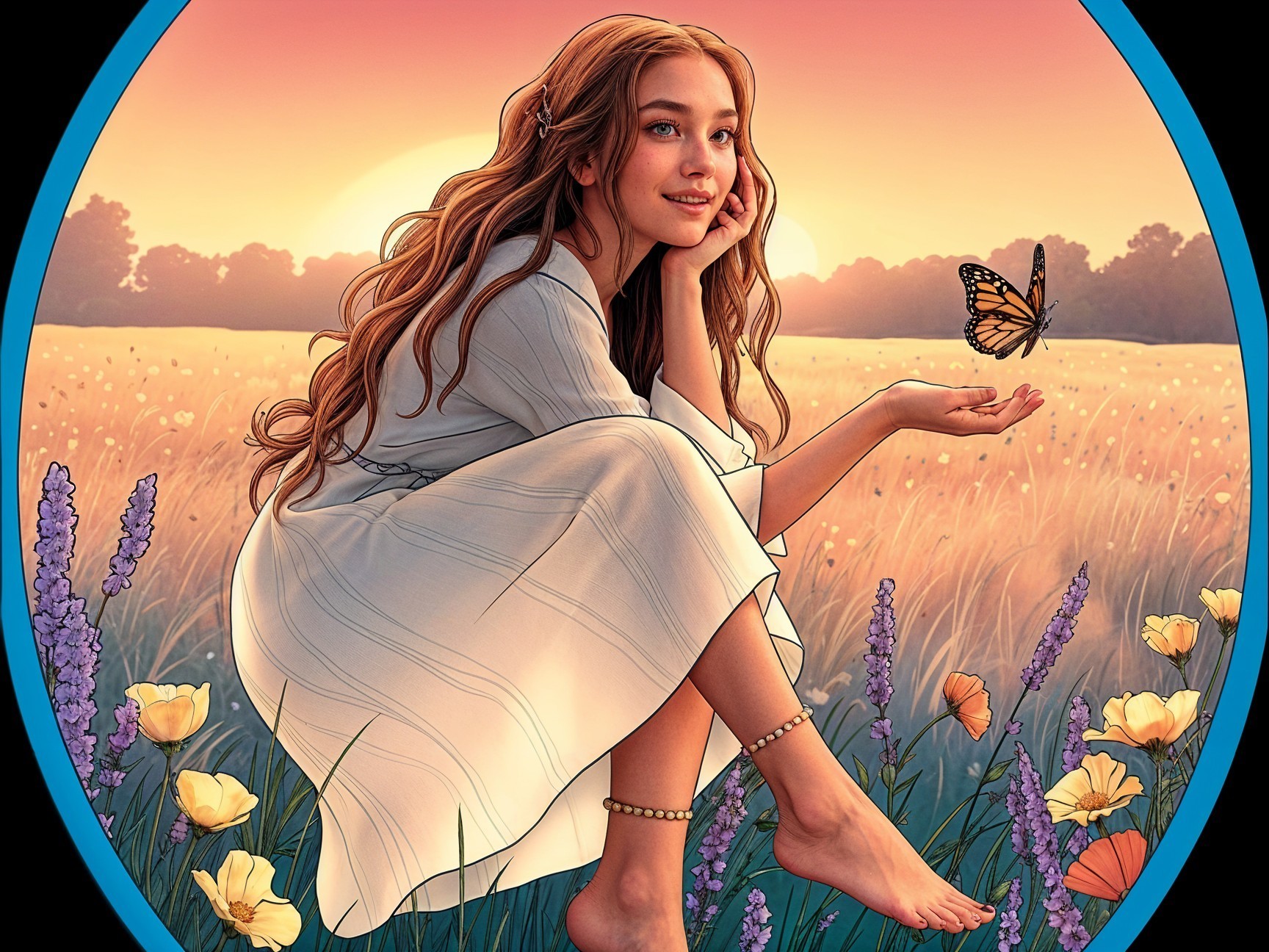 Young Woman in White Dress Surrounded by Wildflowers