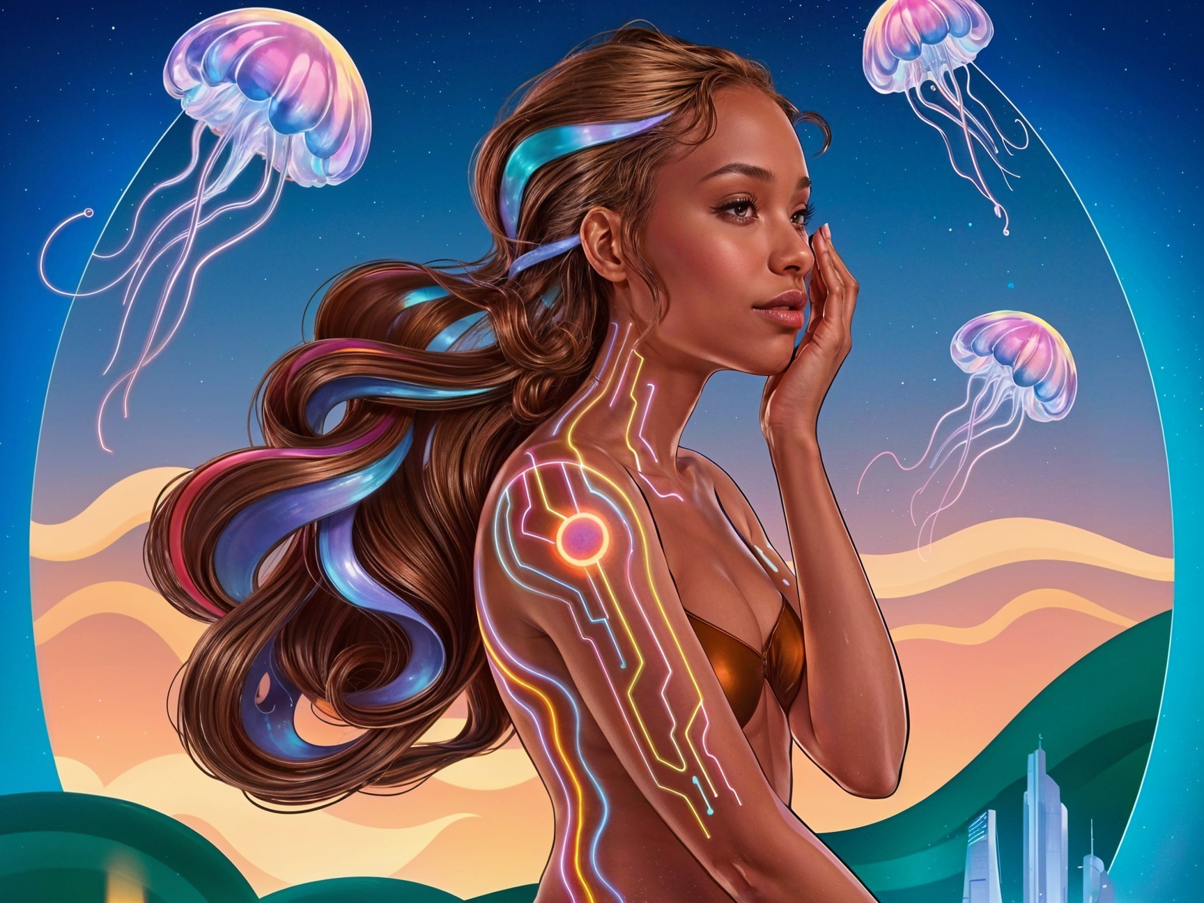 Futuristic Woman with Glowing Hair and Jellyfish Scene