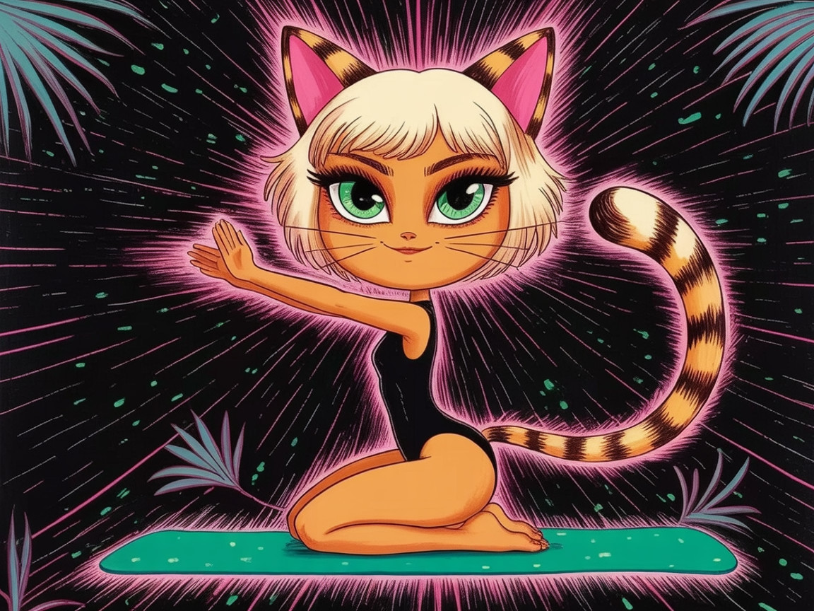 Whimsical Cartoon Character in Yoga Pose with Cat Features