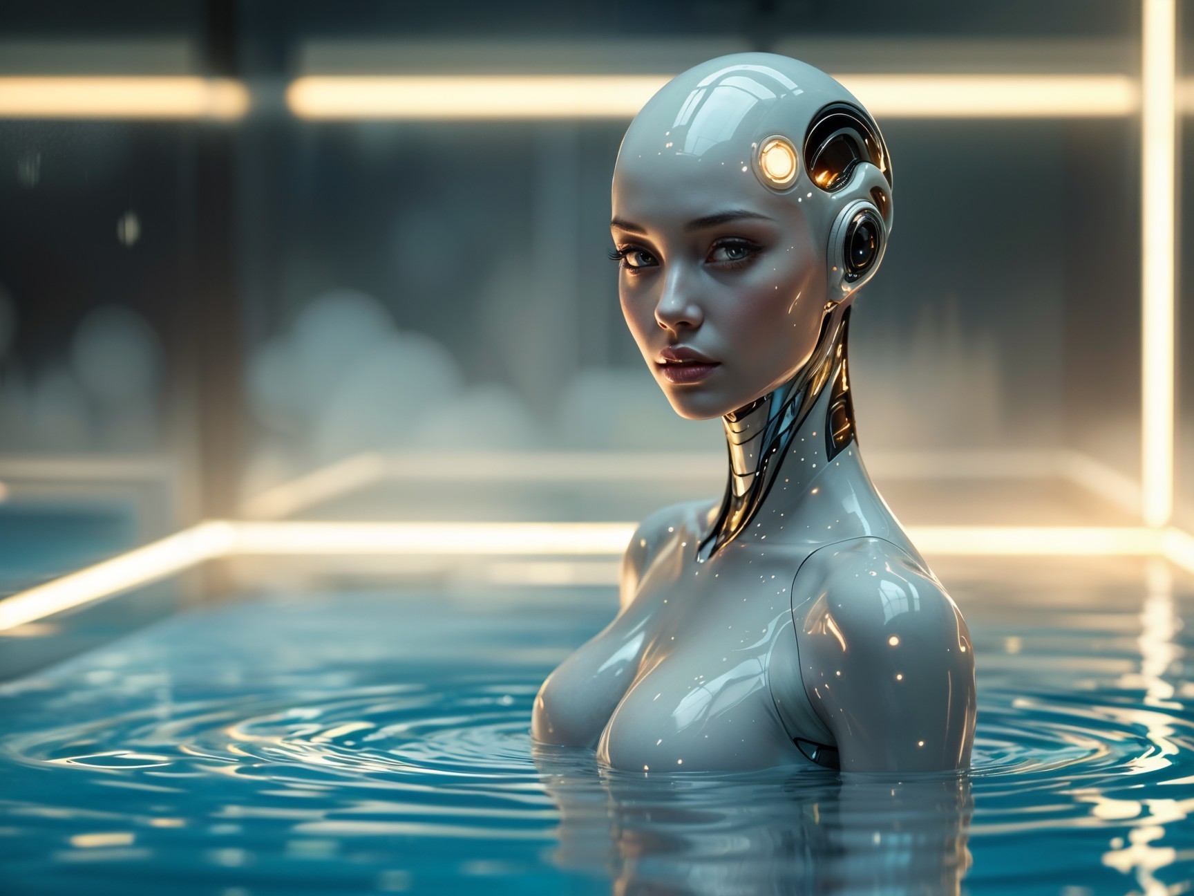 Futuristic Humanoid Robot in Water with Ambient Lighting