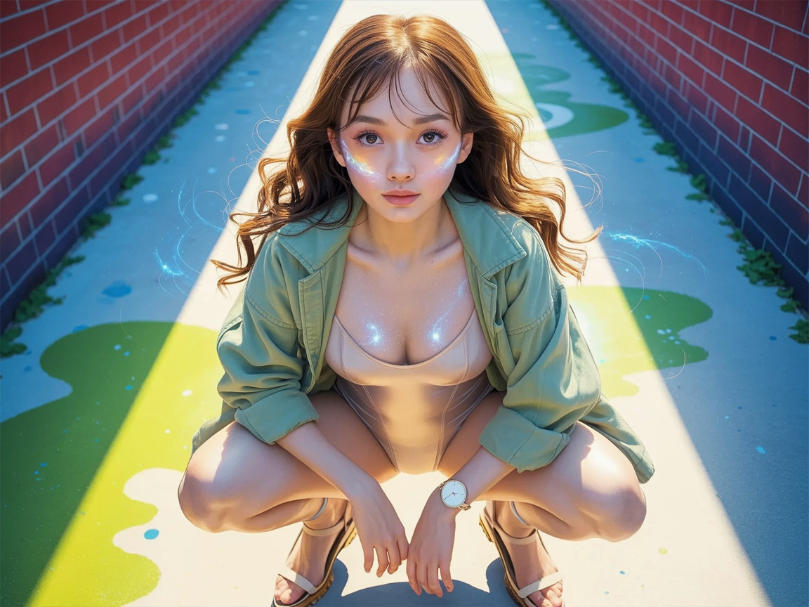 Woman in vibrant urban setting with playful aesthetic