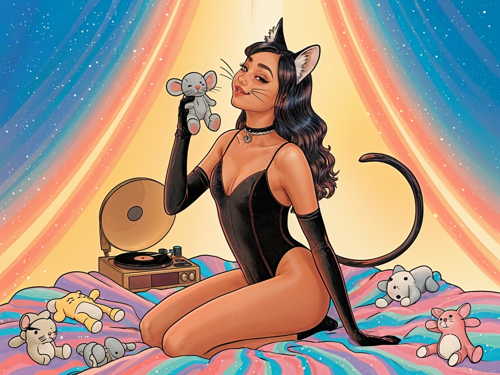Playful Character in Black Cat Costume on Colorful Blanket