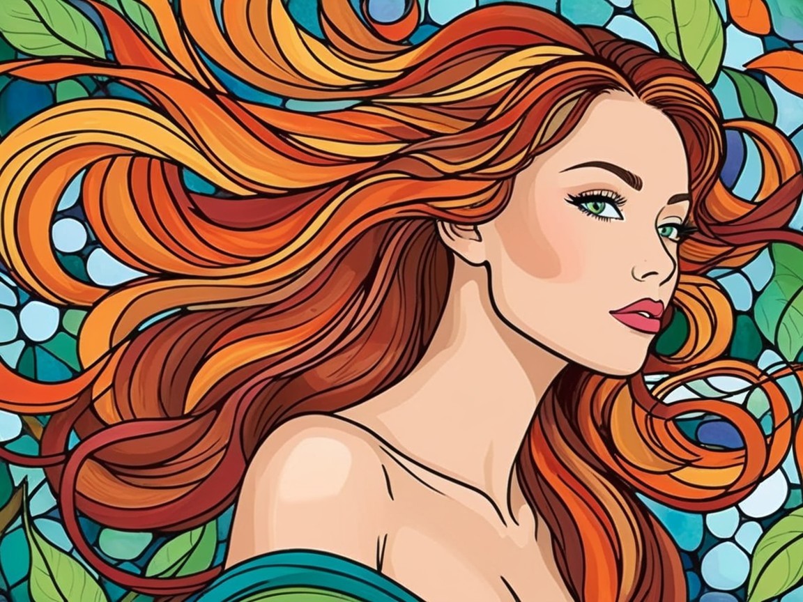 Stylized Woman with Vibrant Hair and Nature Elements