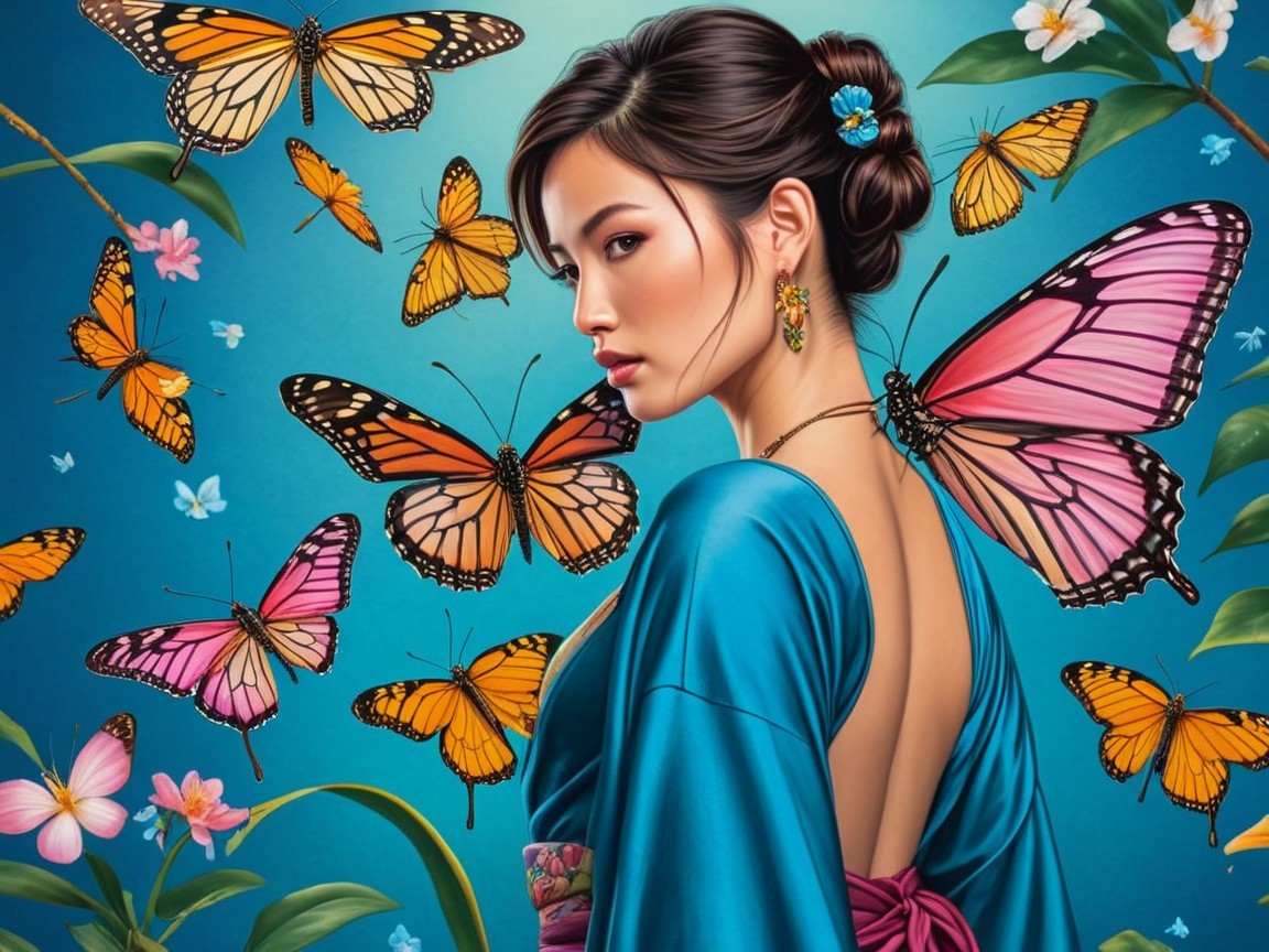Woman in Blue Kimono Surrounded by Butterflies