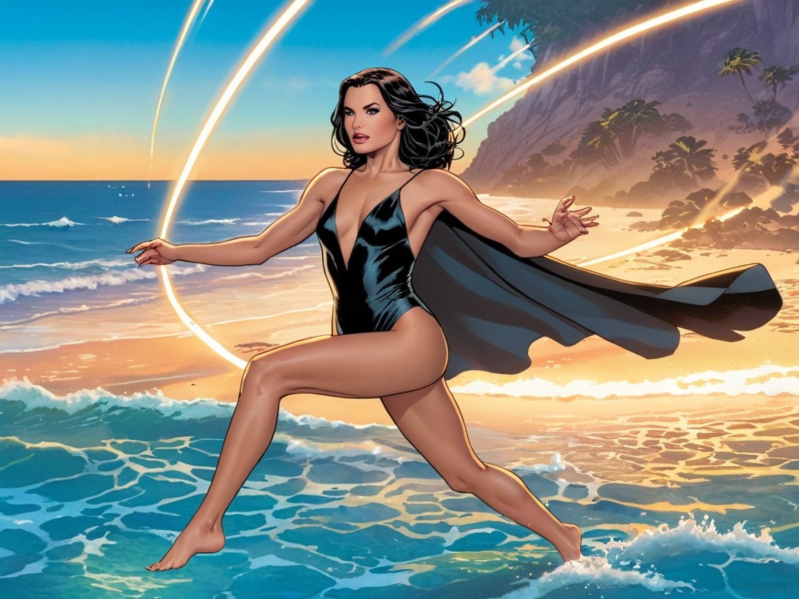 Superheroine in Black Swimsuit at Vibrant Beach Scene