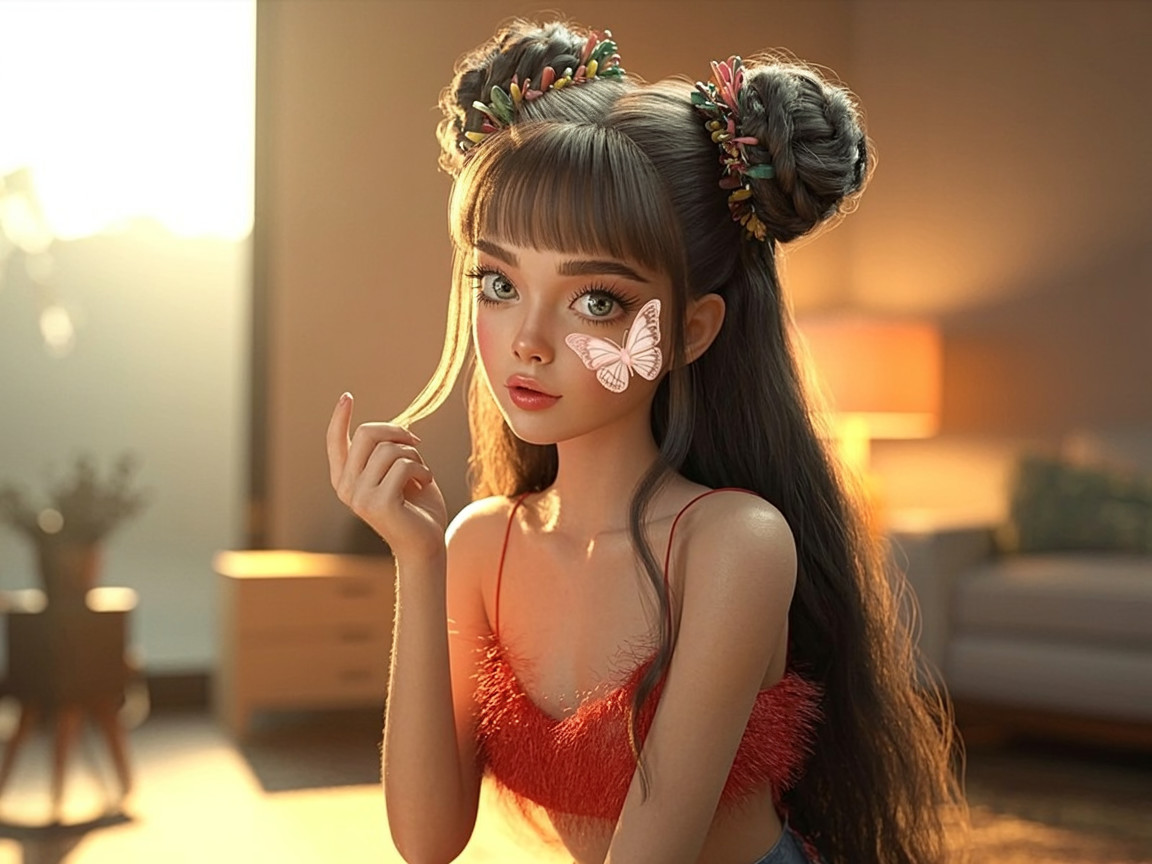 Young girl with colorful hair clips in cozy setting