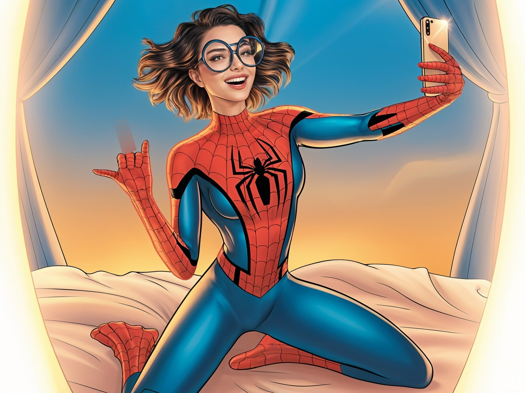 Cheerful Character in Colorful Spider-Man Suit Selfie