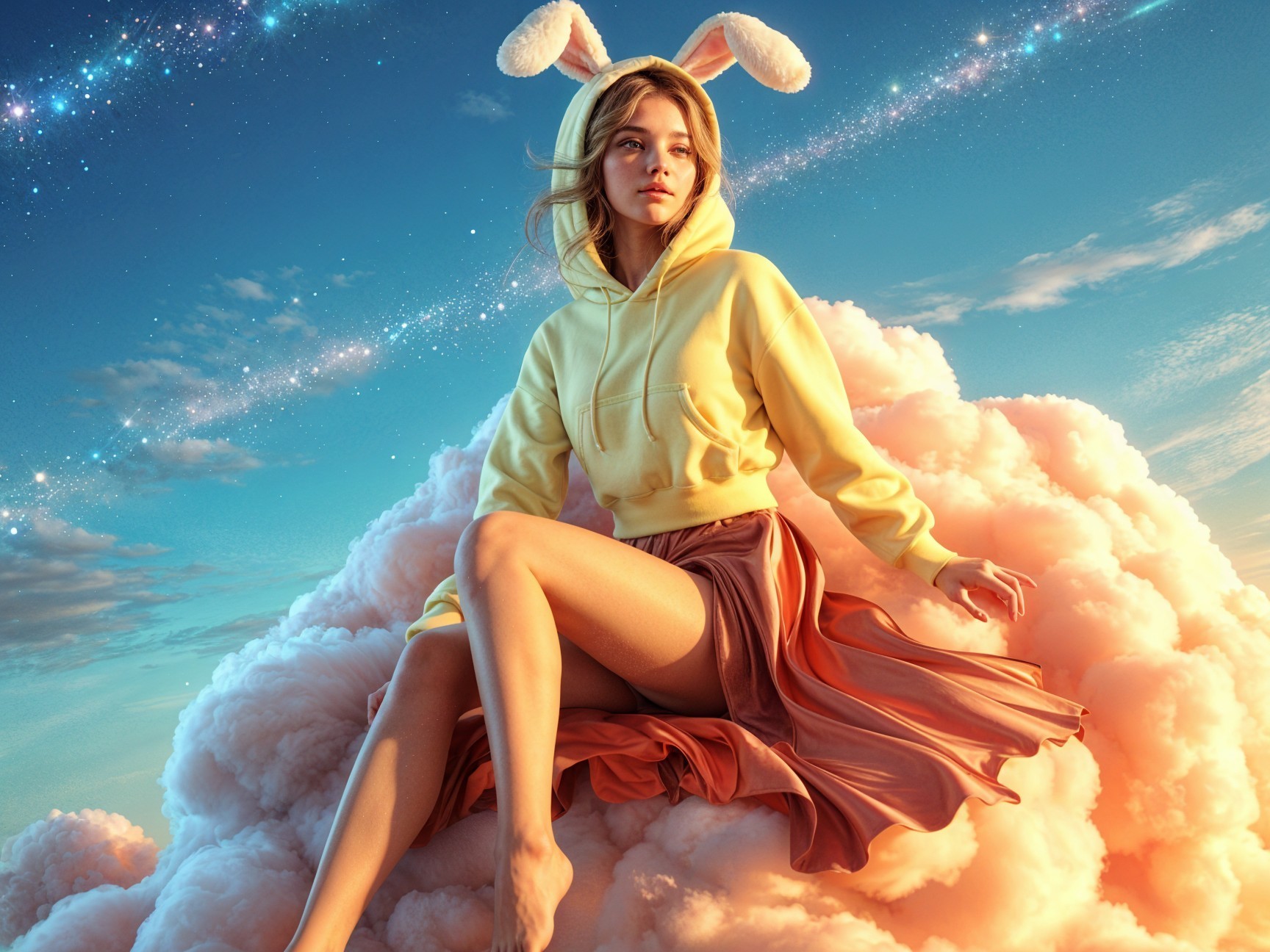 Young woman on pastel cloud in vibrant sky scene