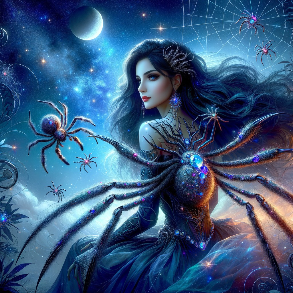 Mystical Woman with Ethereal Spider Under Starry Sky
