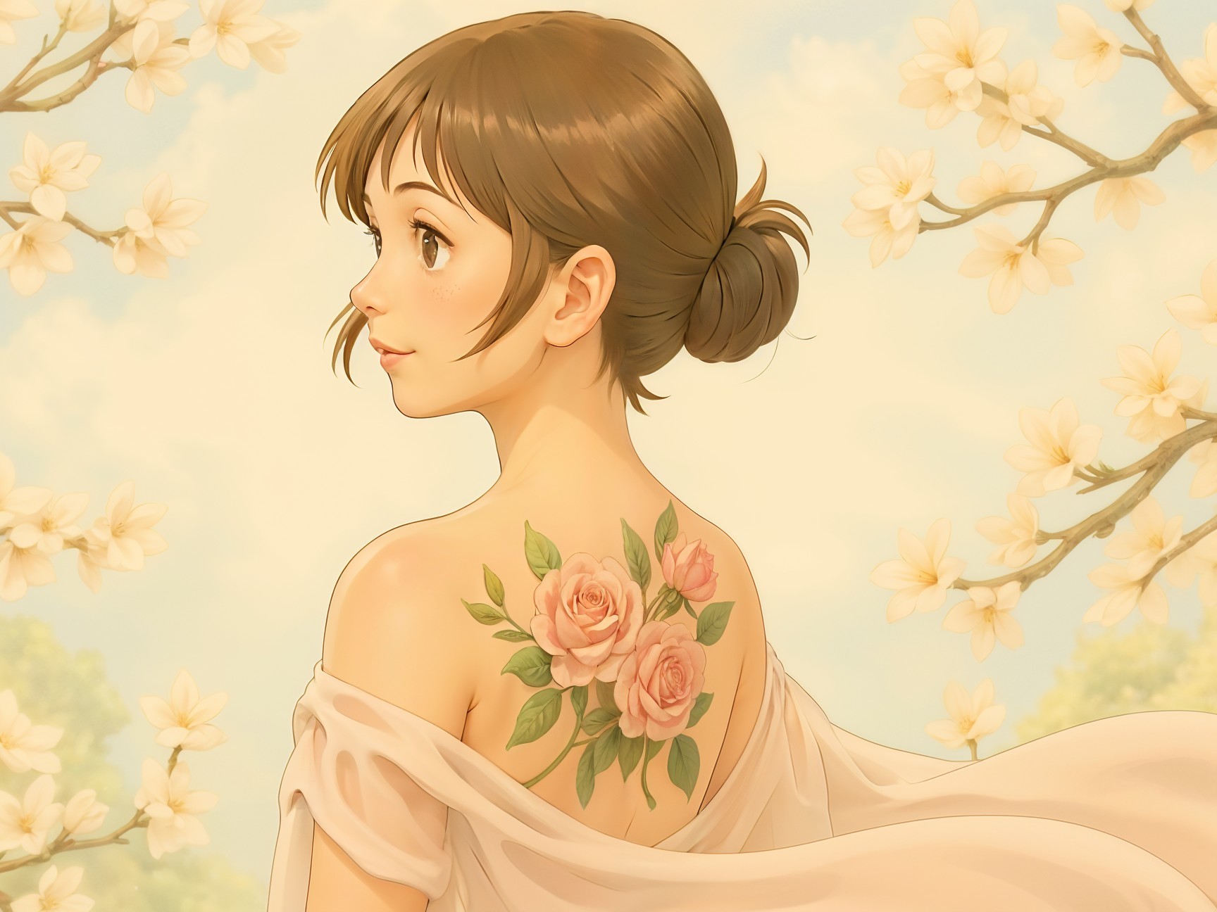 Young woman with rose tattoo in serene setting