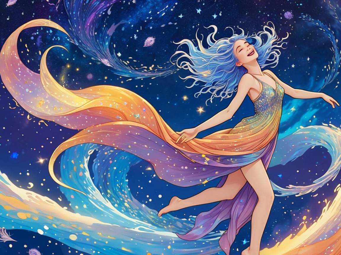 Whimsical Illustration of a Joyful Woman in Cosmic Colors