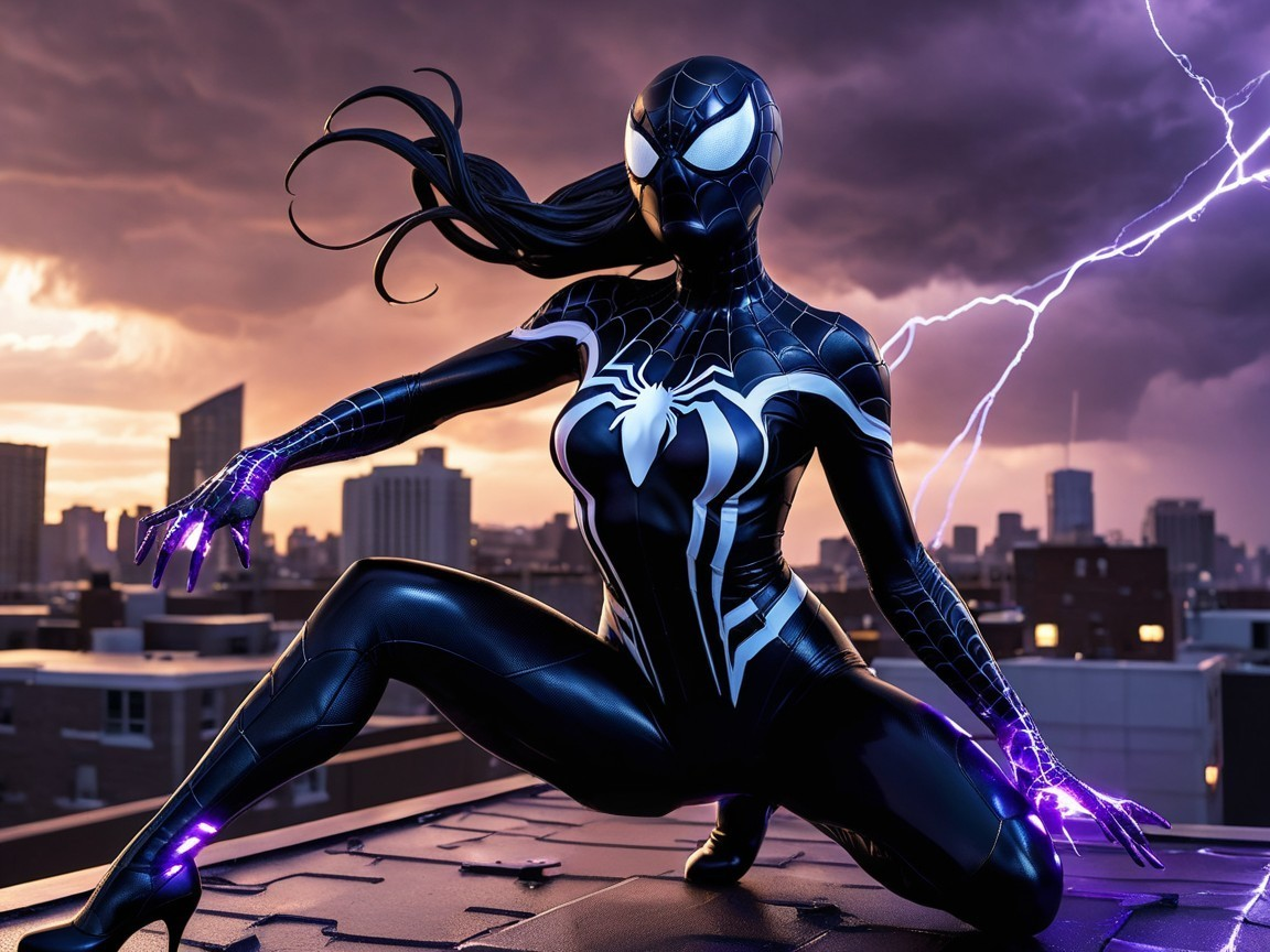 Spider-Woman in Symbiote Suit on Rooftop with Lightning