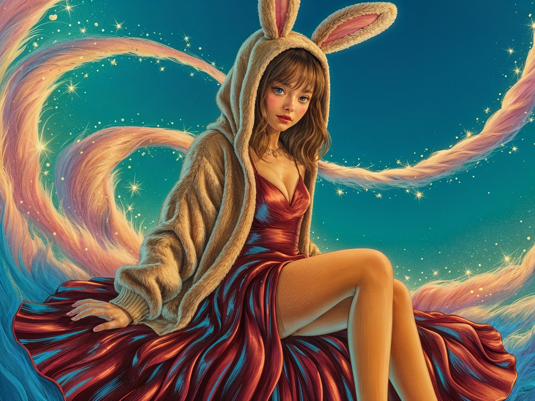 Young woman in hooded sweater against pastel background