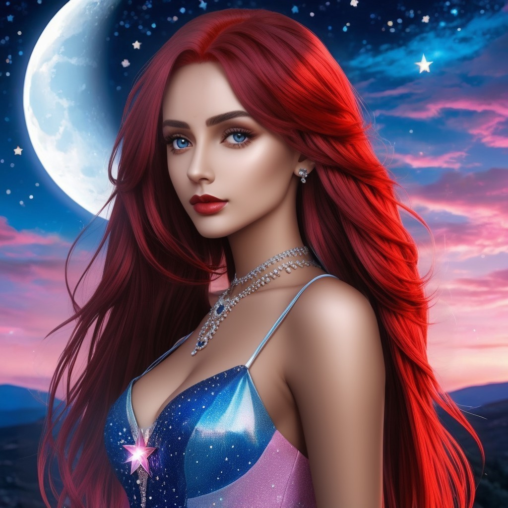 Portrait of a Woman with Red Hair and Night Sky