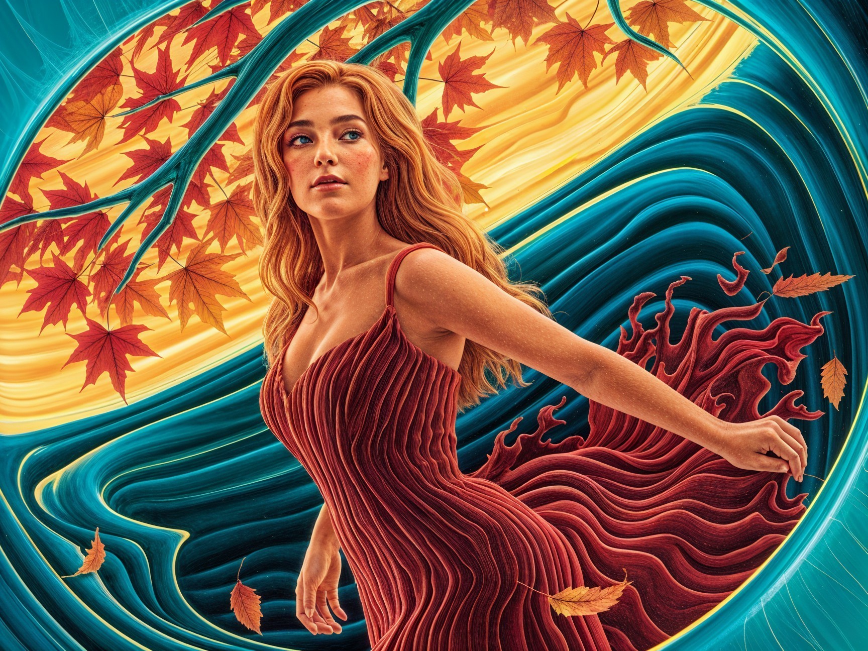Woman in Red Dress Amidst Autumn Colors and Leaves