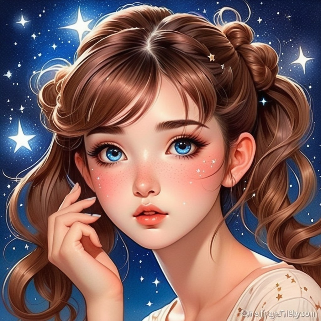 Young girl with space buns and starry night background