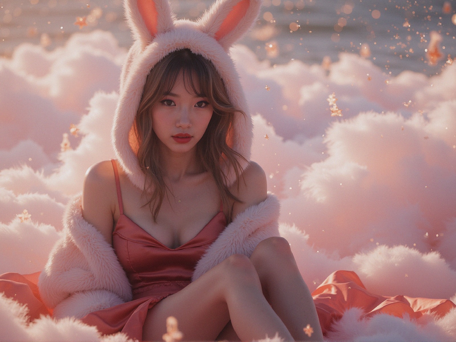 Young woman in bunny hoodie among pink clouds