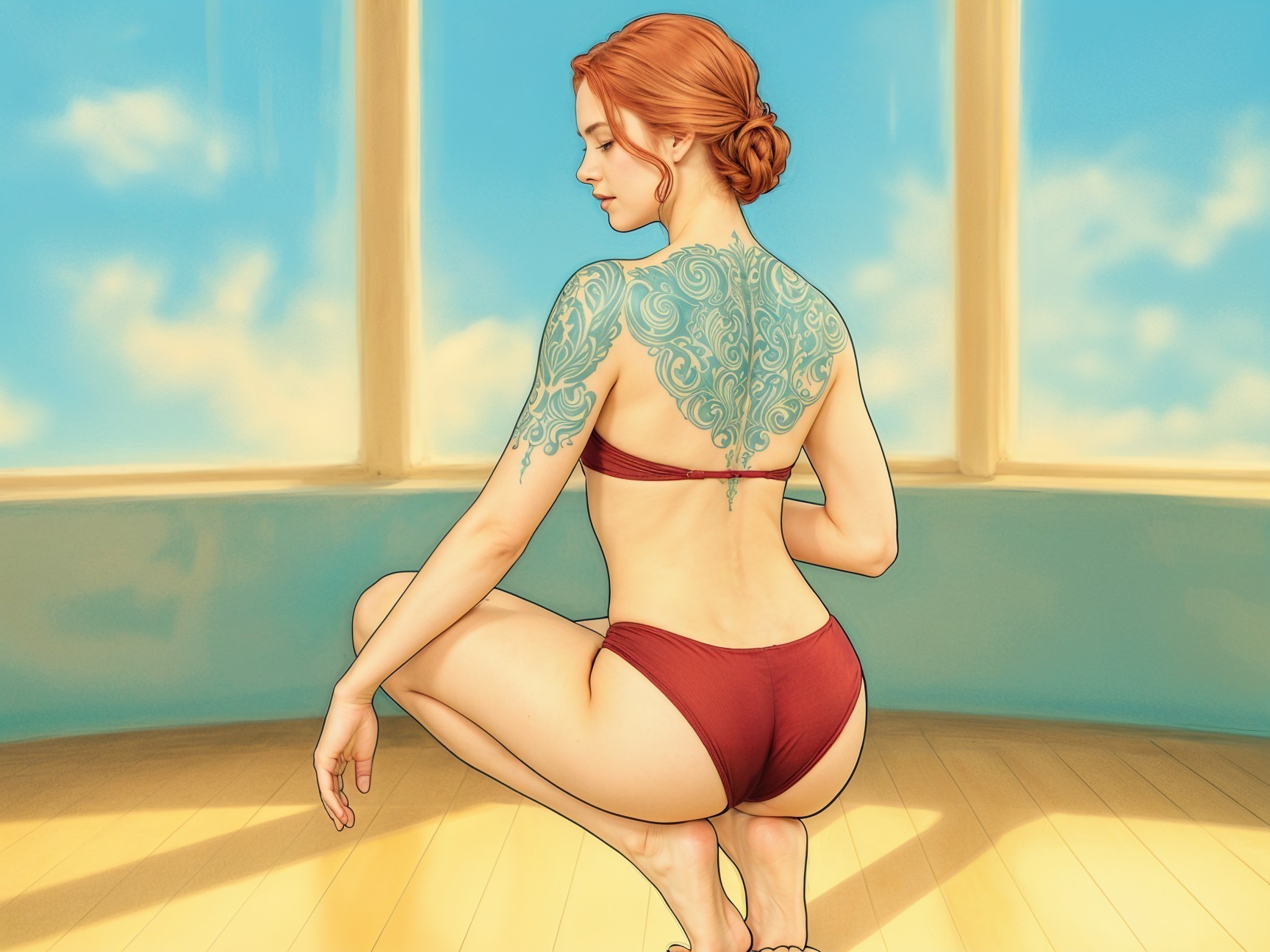 Woman with Red Hair and Tattoos in Sunlit Room