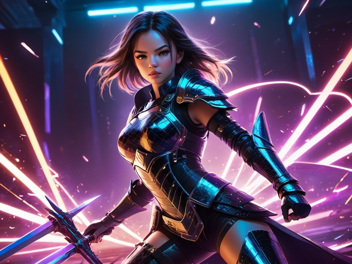 Fierce Female Warrior in Metallic Armor with Spear