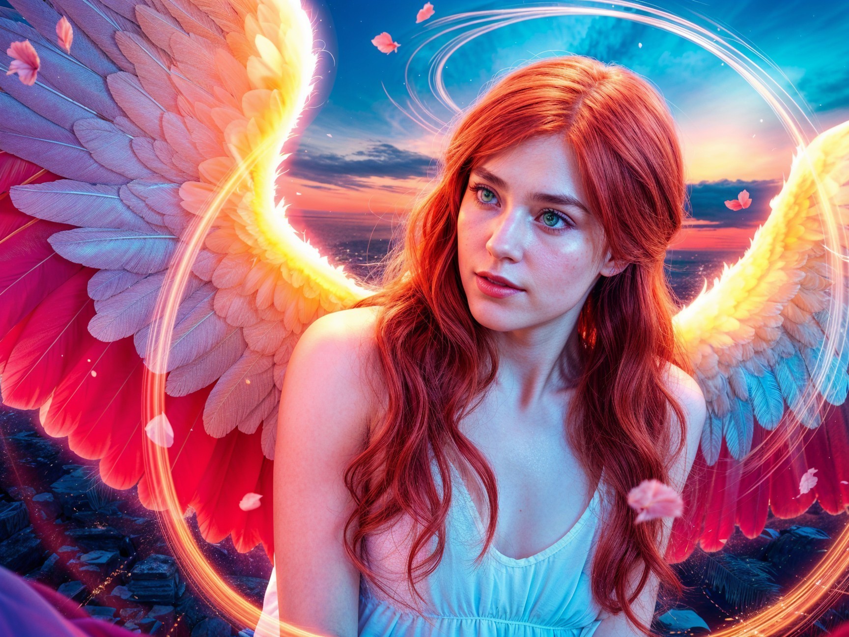 Young woman with red hair and colorful wings at sunset