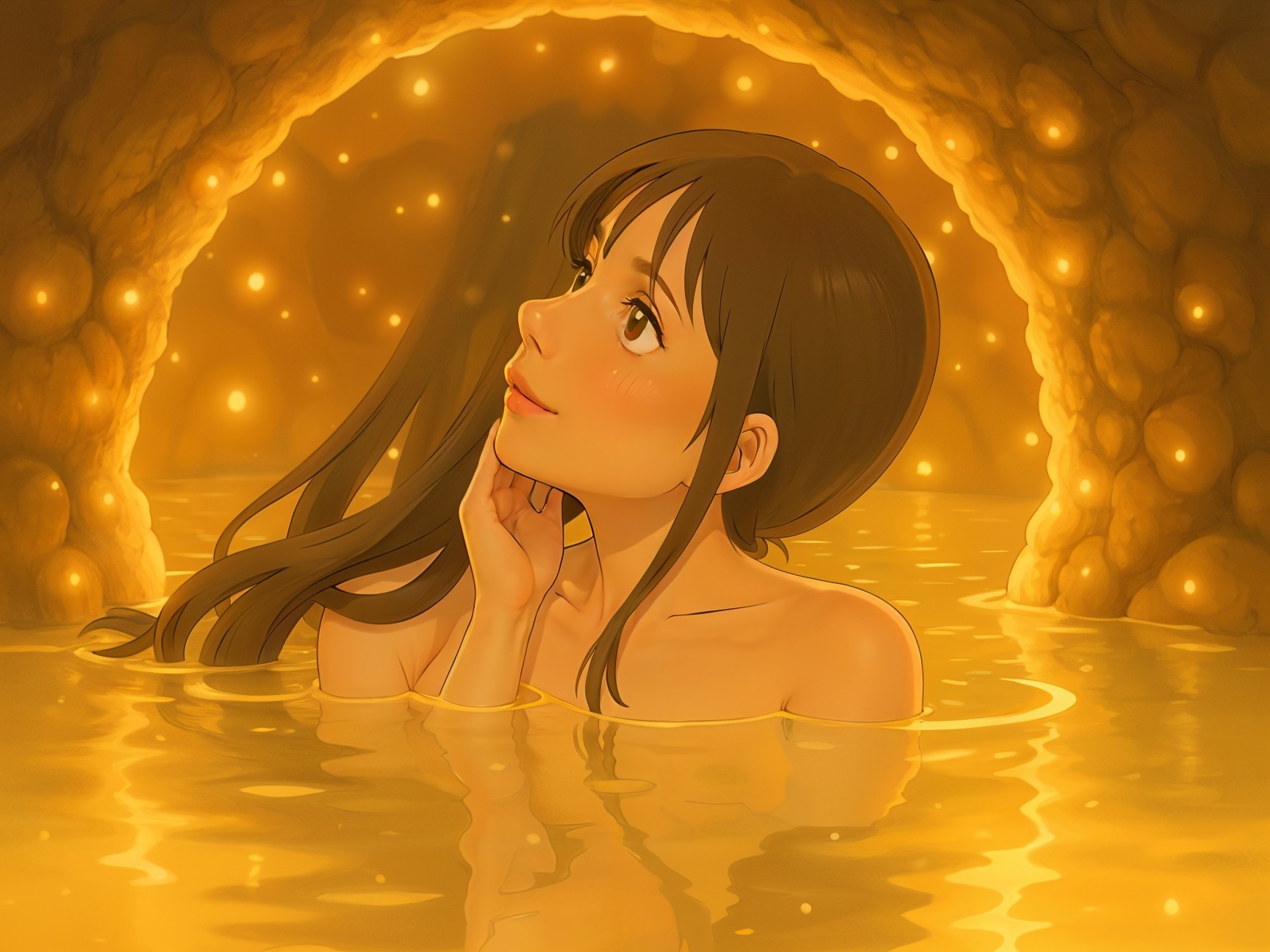 Young Woman in Serene Cave with Golden Lights