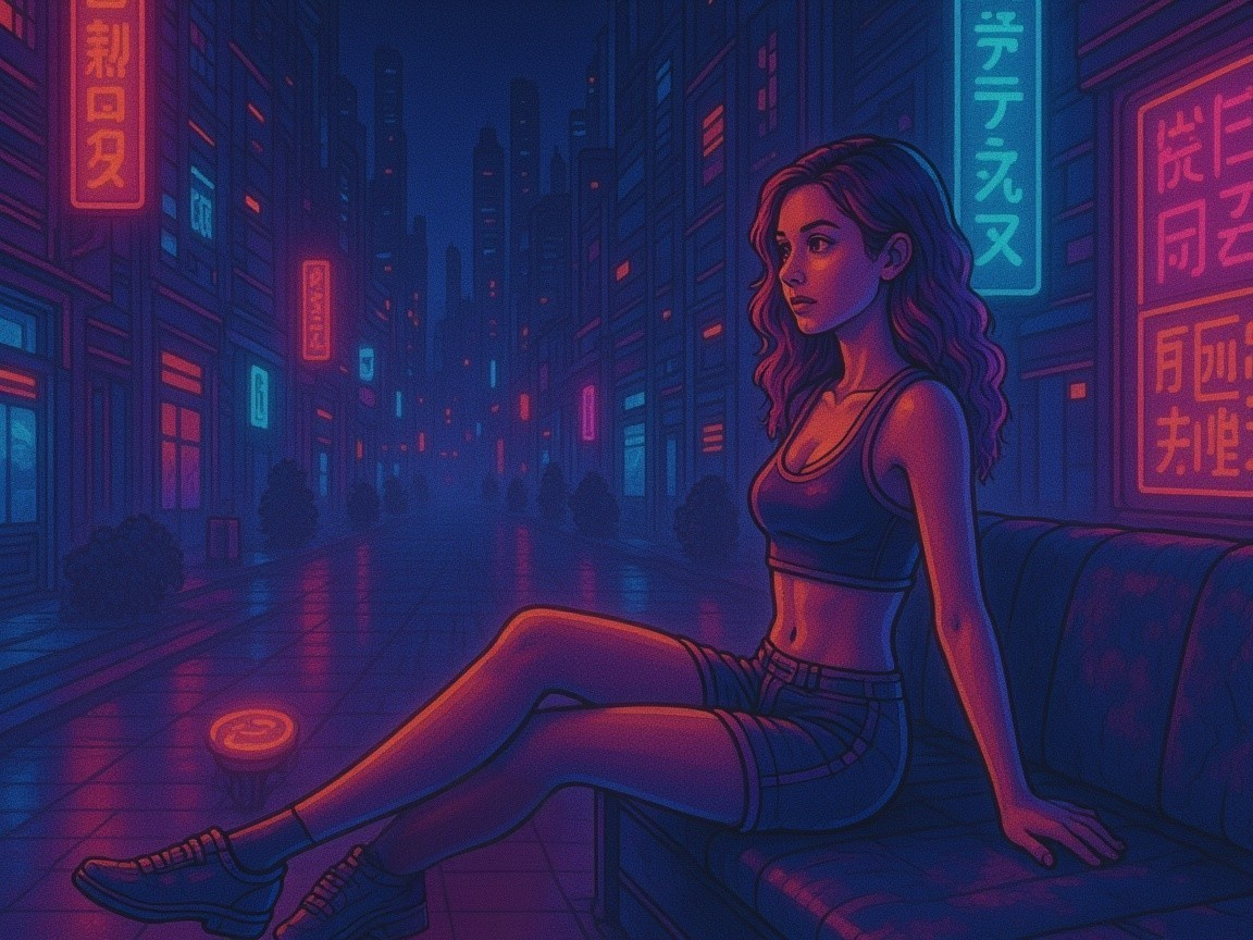 Young Woman in Neon-Lit Cityscape at Night