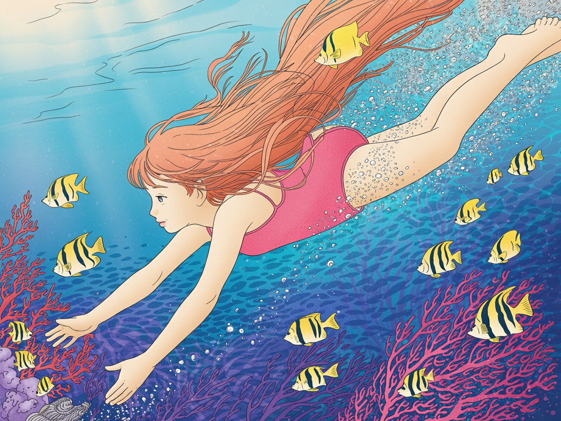Young girl swimming in vibrant coral reef scene