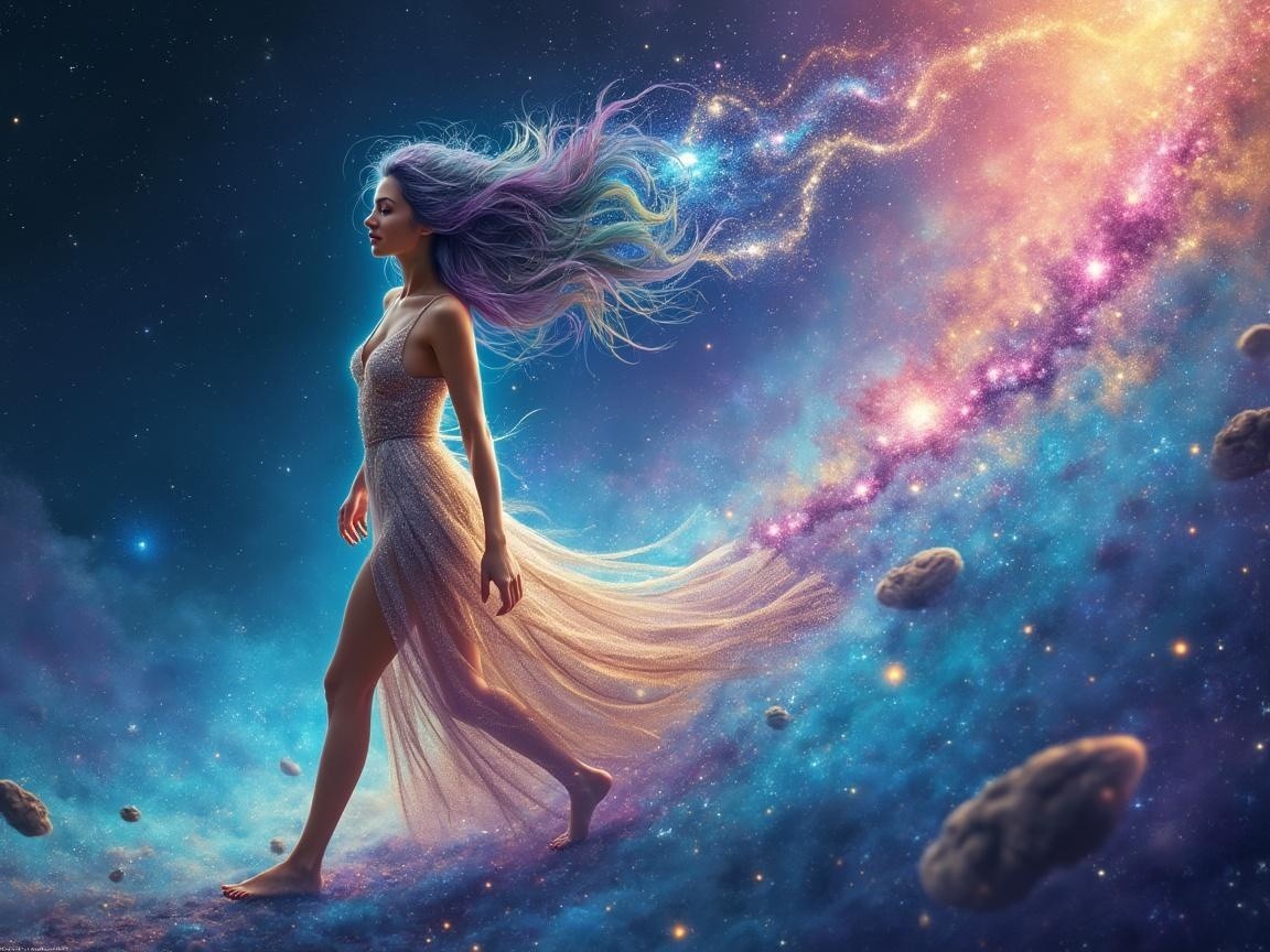 Ethereal Figure in Vibrant Cosmic Landscape