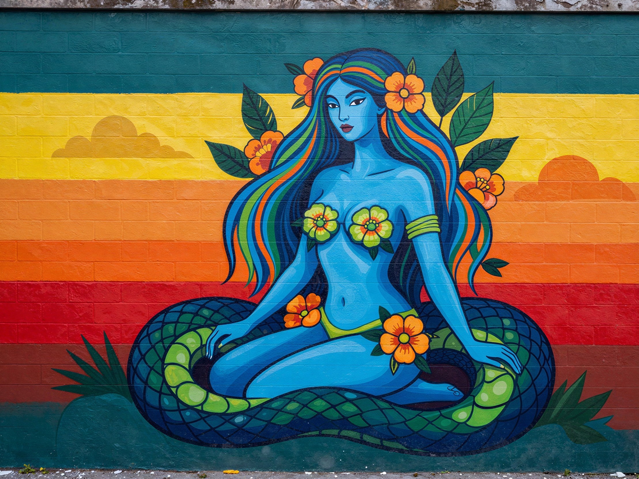 Vibrant Mural of a Siren on Brick Wall