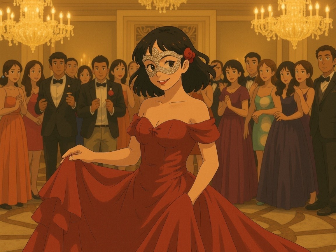 Young Woman in Red Dress at Grand Ball Gathering