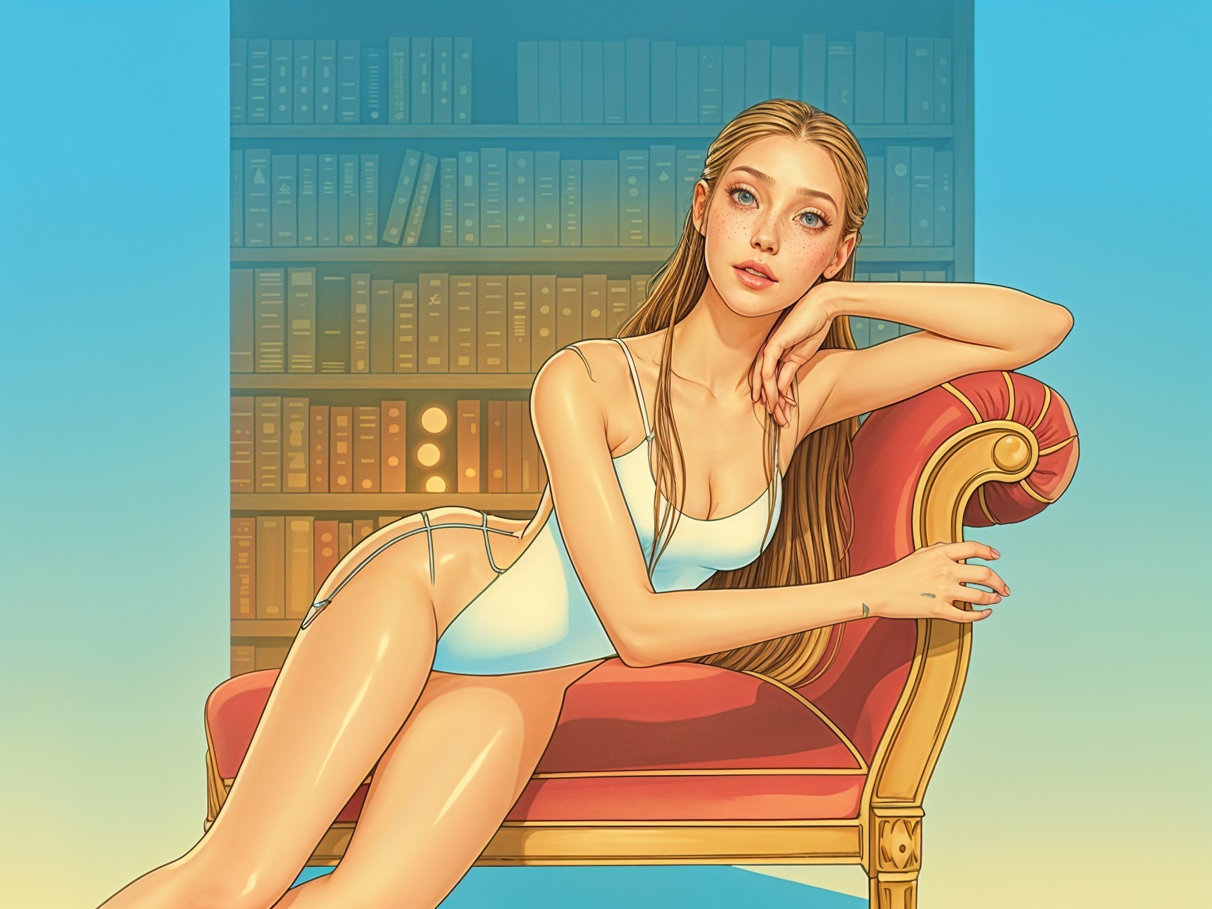 Stylized Young Woman in White Swimsuit on Red Chair