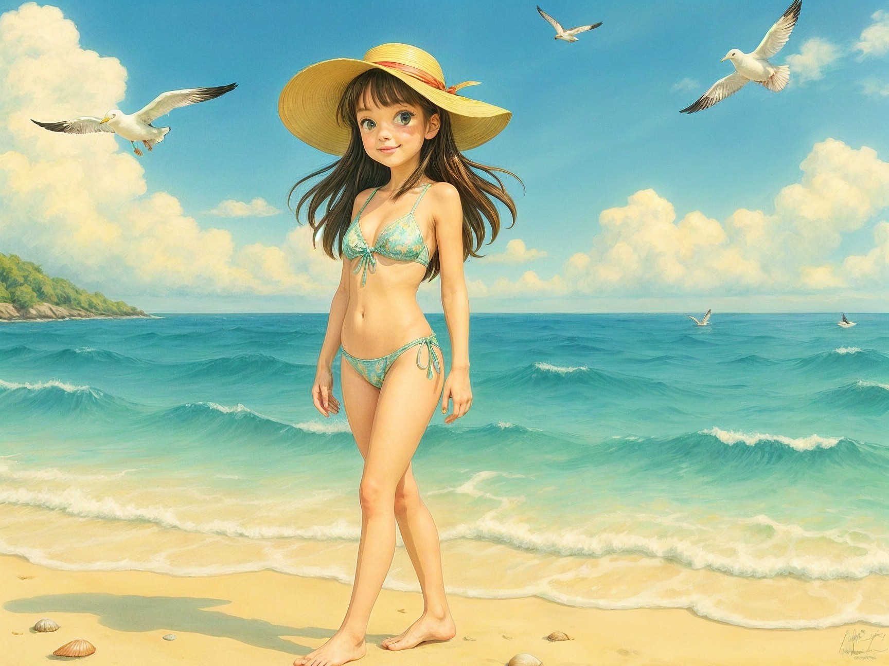 Young girl in blue bikini at sunlit beach scene