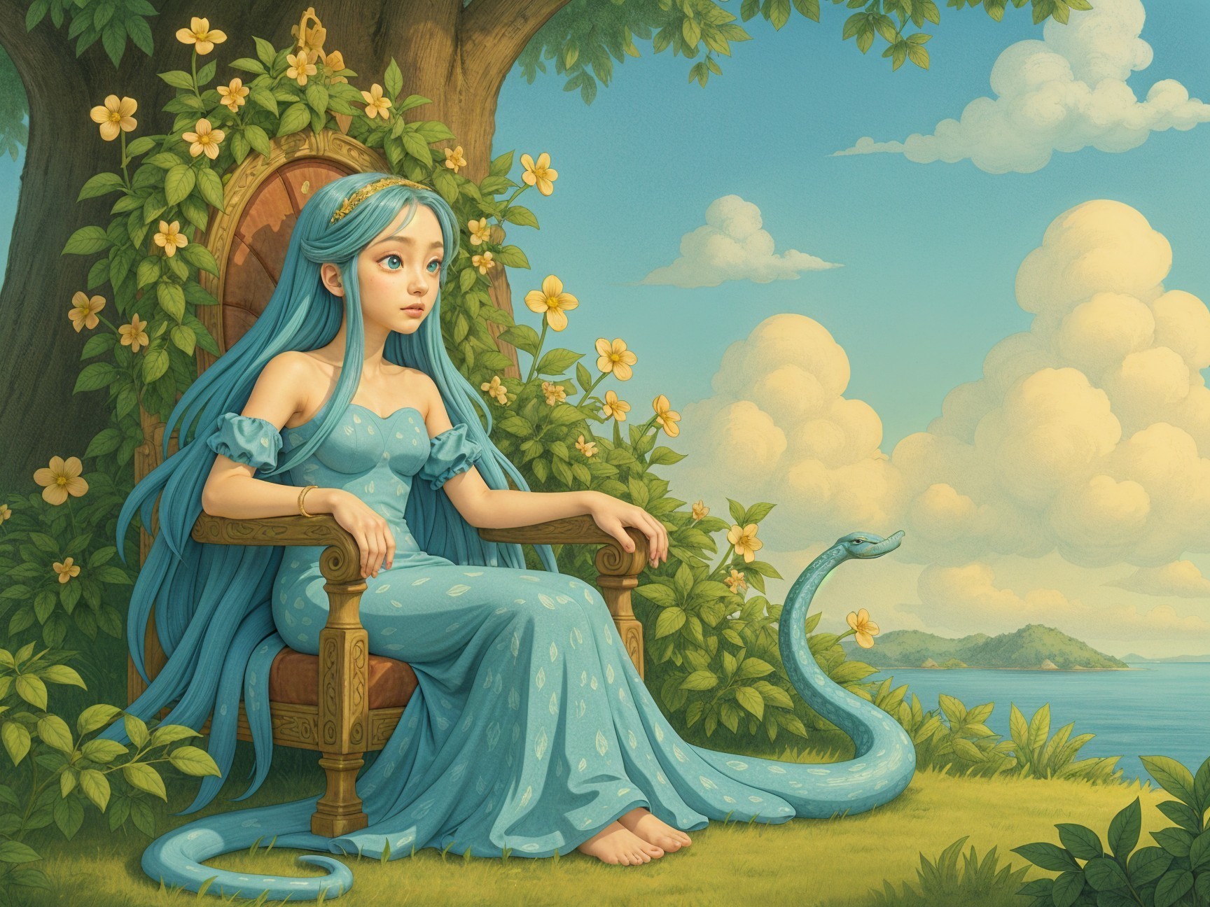 Serene Woman on Throne Under Tree by Calm Sea