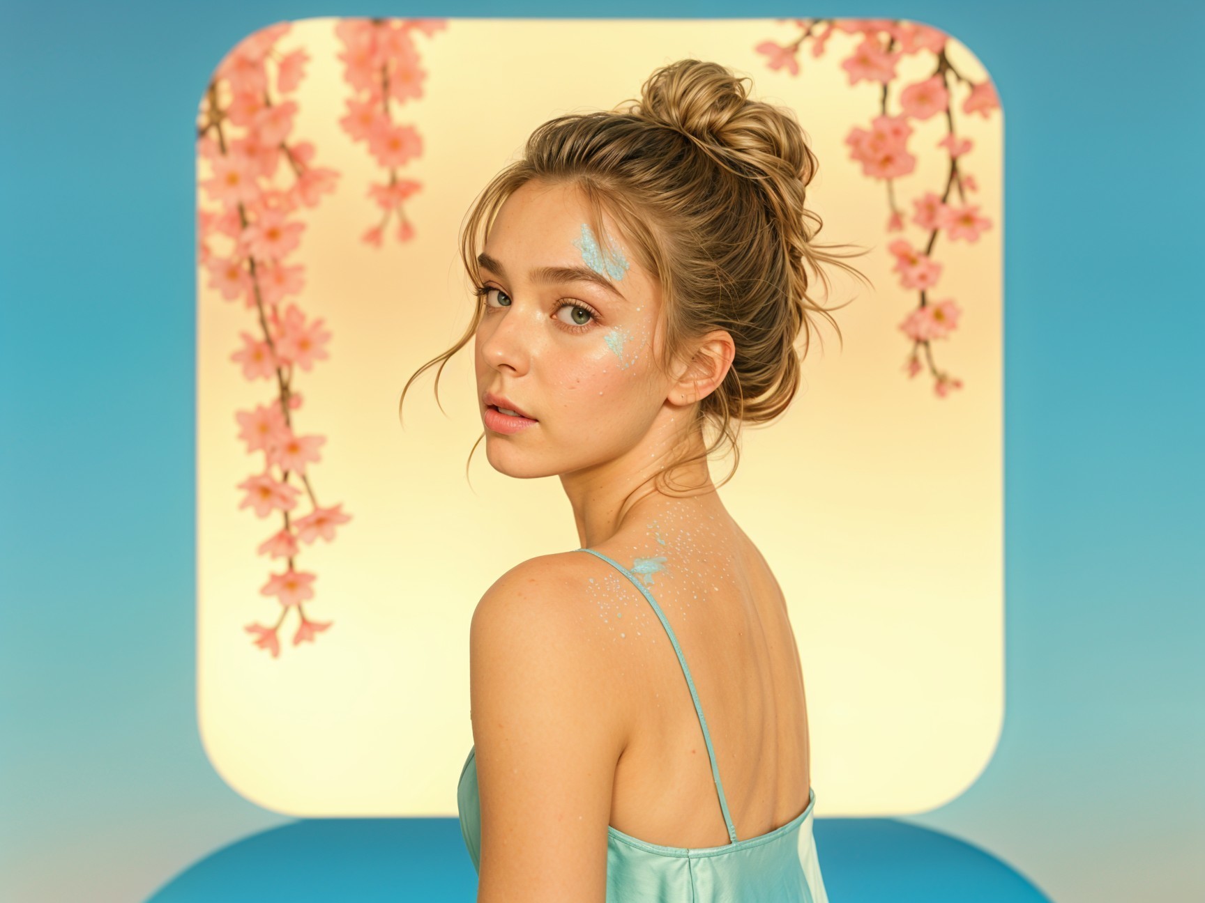 Young woman in blue dress with floral background