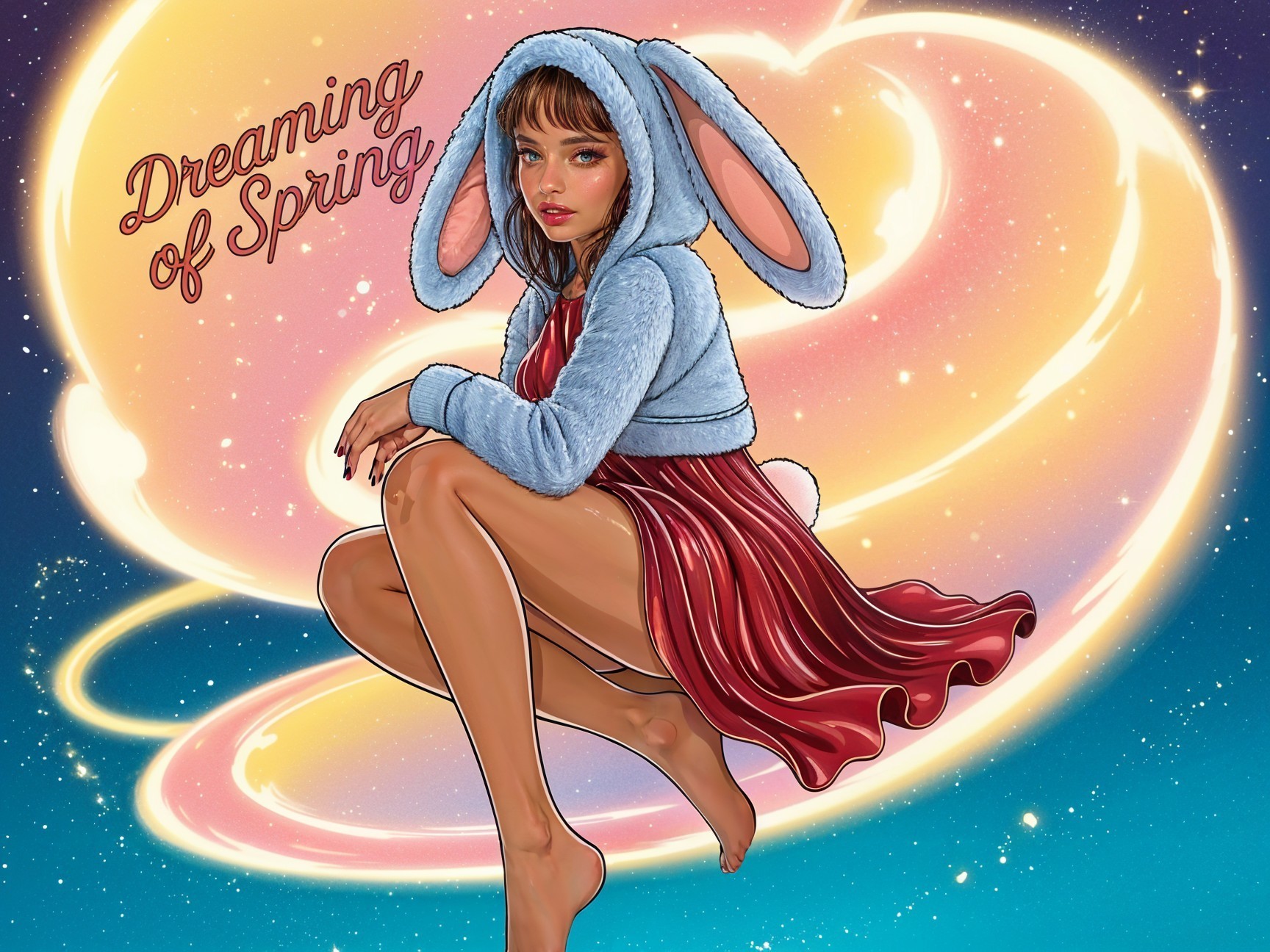 Whimsical Illustration of Girl in Bunny Hoodie and Dress