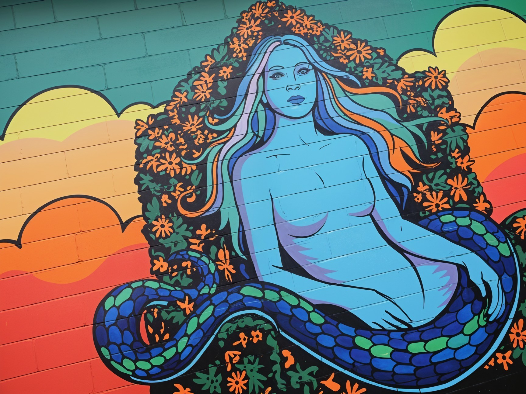 Mural of a Serene Figure with Flowers and Serpent