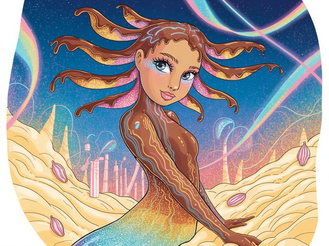 Whimsical Character with Chocolate Hair in Cosmic Scene