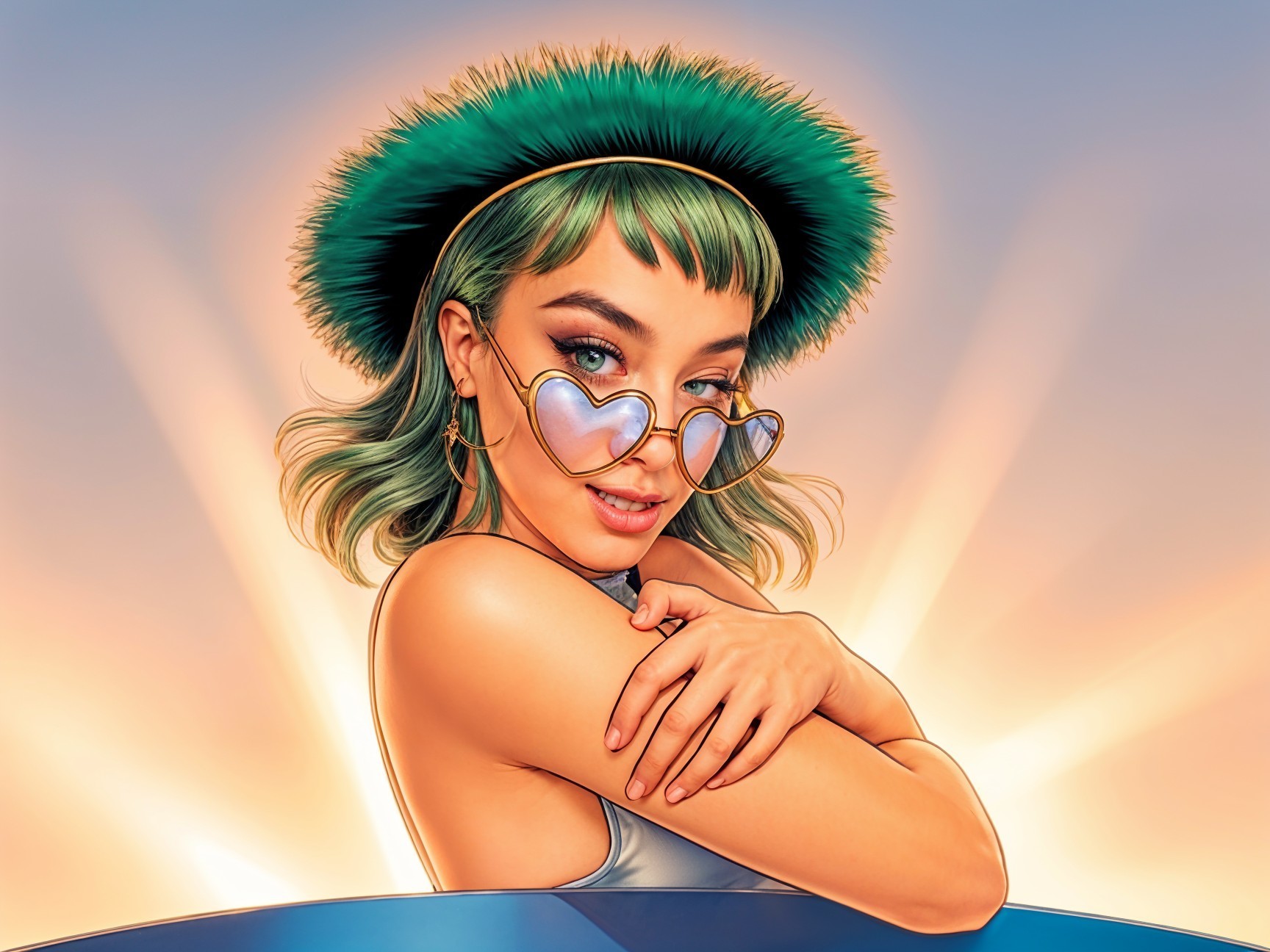 Stylish Young Woman with Green Hair and Sunglasses