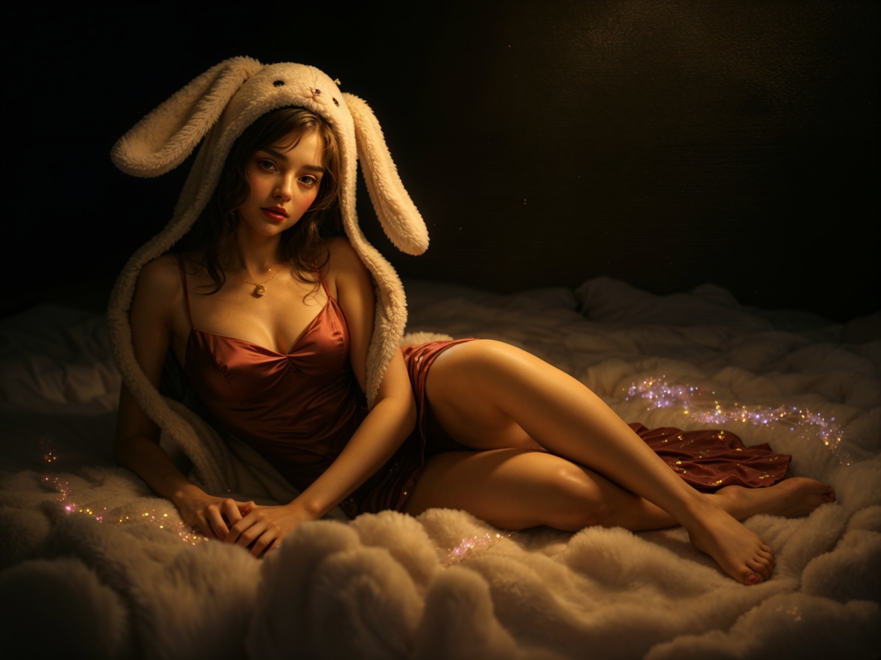 Young woman in pink dress with rabbit-eared hood