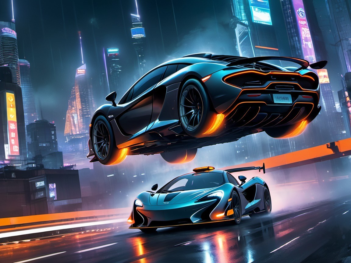 Futuristic Supercars in Neon-Lit Cityscape
