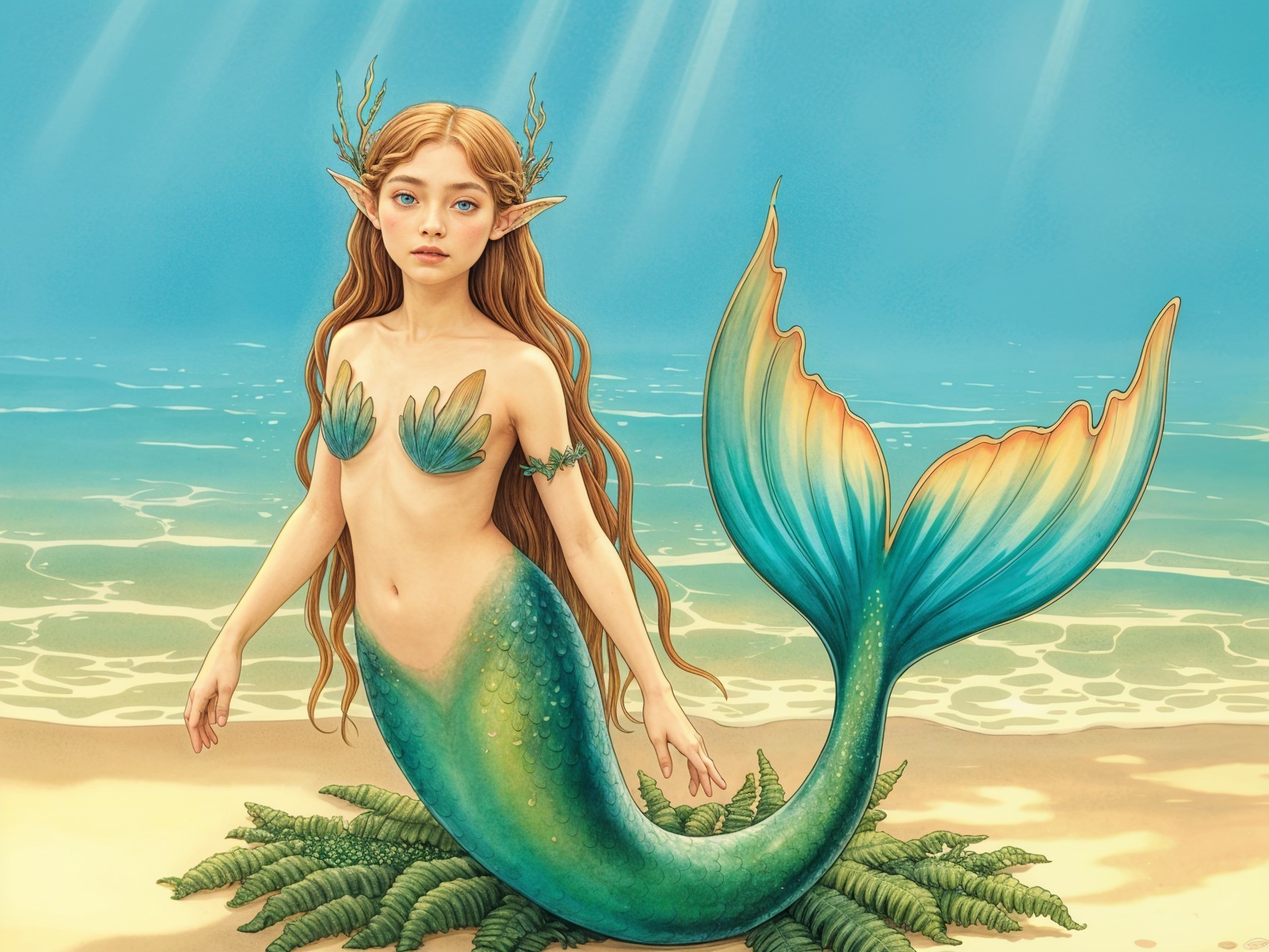 Mermaid with Teal Tail in Tranquil Seaside Scene