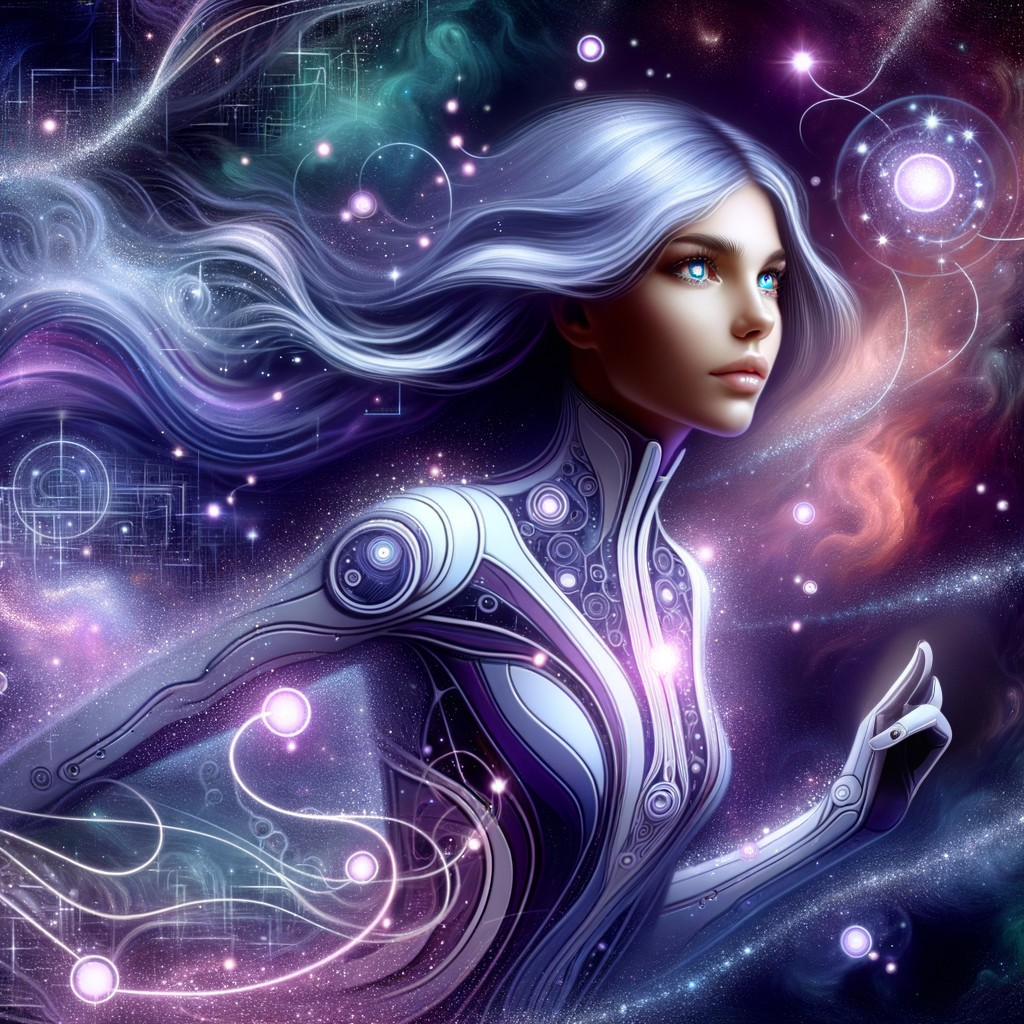 Futuristic figure in cosmic landscape with glowing patterns