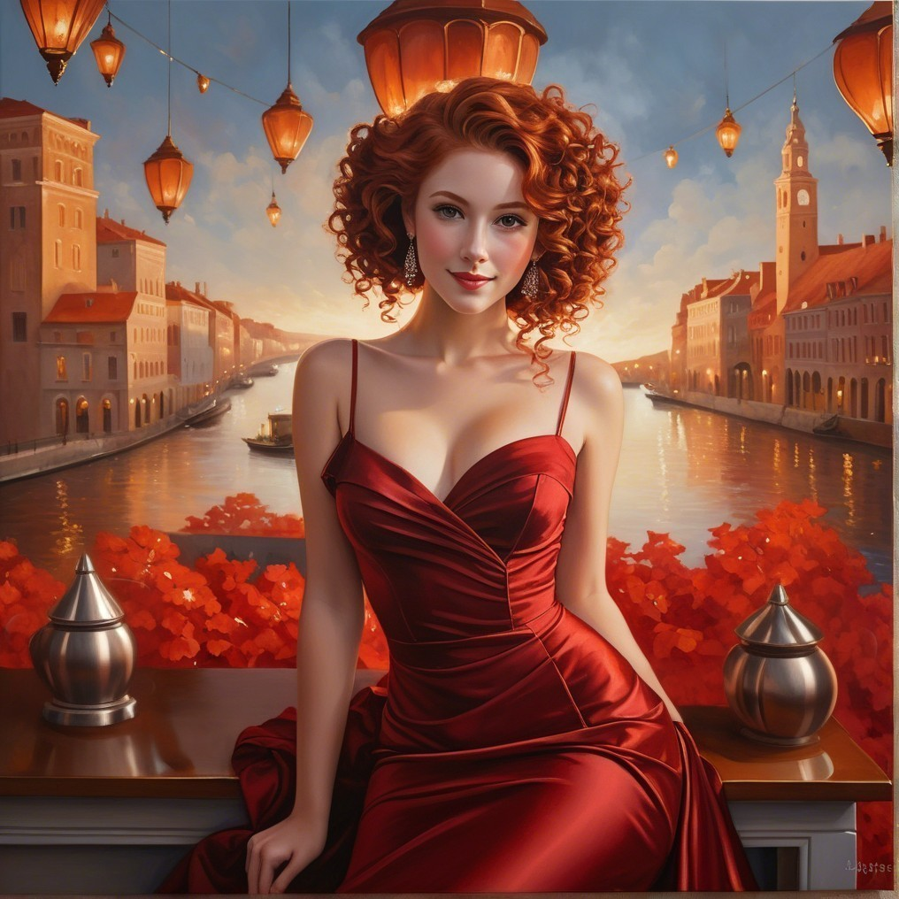 Elegant Woman in Red Dress by Sunset Riverside
