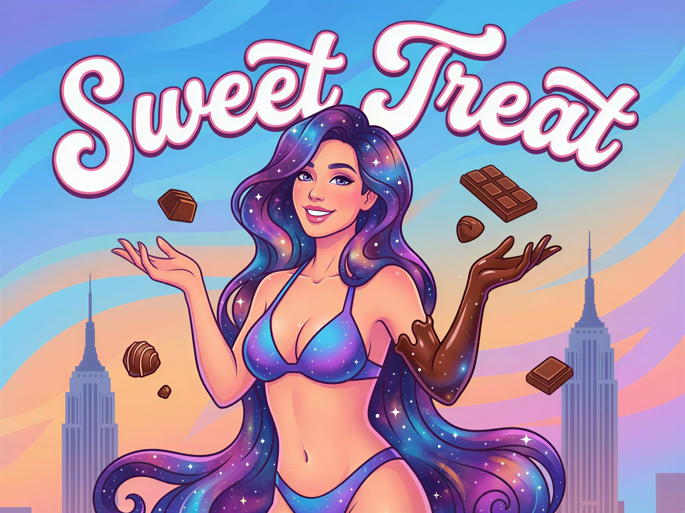 Cosmic-Themed Illustration of Woman Juggling Sweets