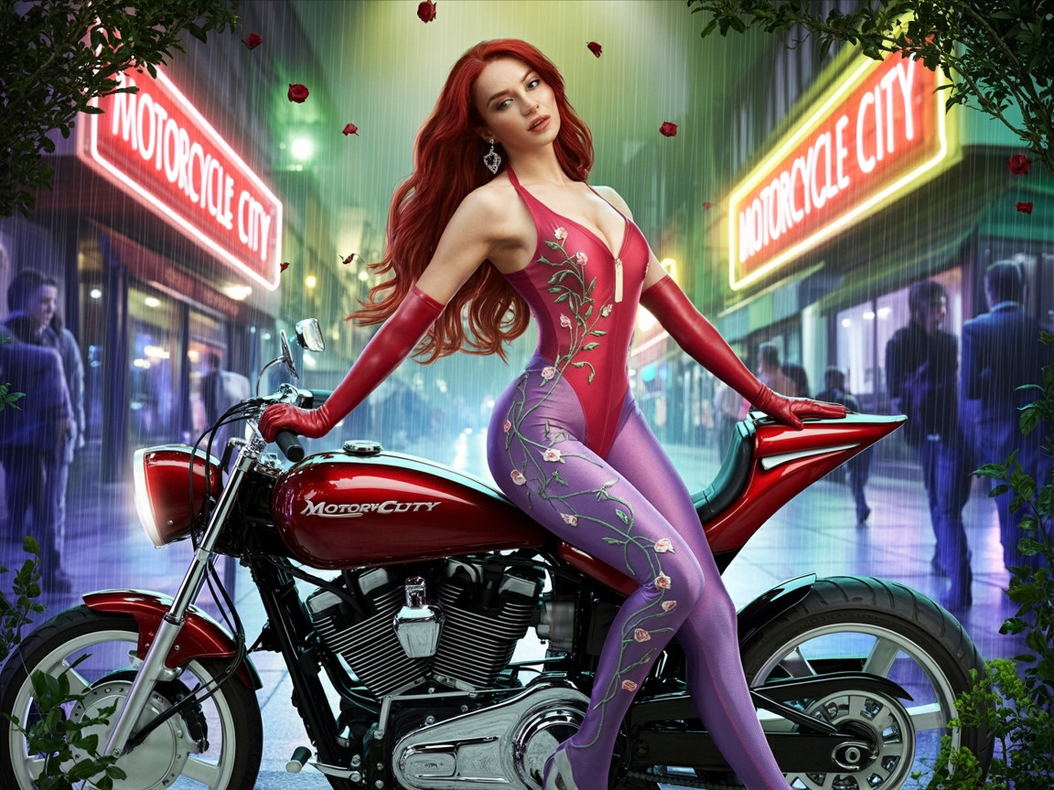 Confident Figure on Motorcycle in Vibrant Urban Setting