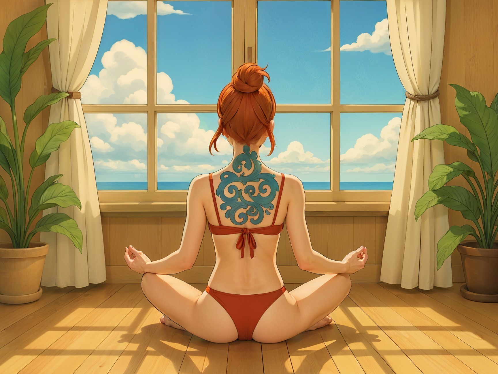 Woman in Bikini Meditating by Ocean View Window