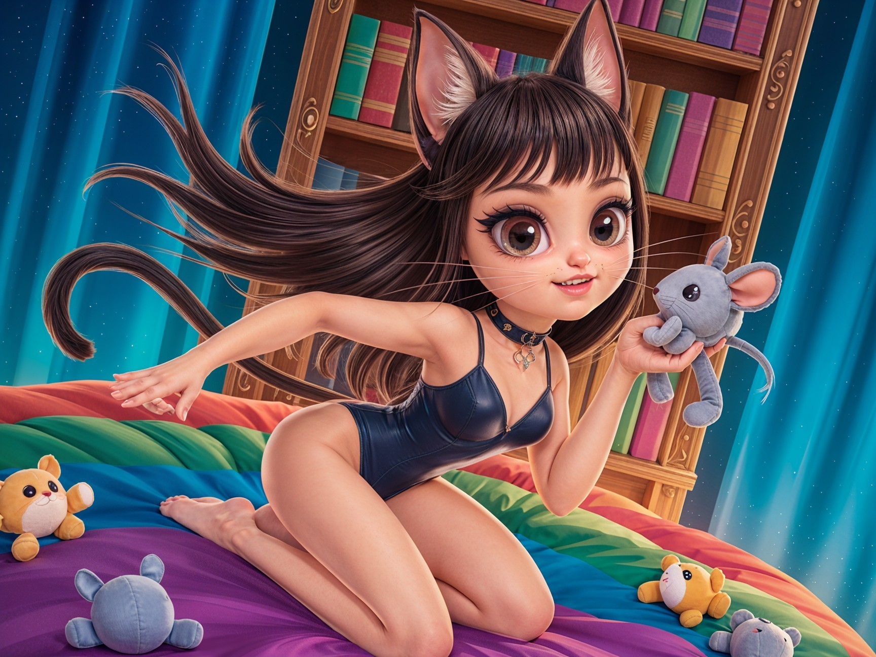 Whimsical Illustration of Girl with Cat Ears and Magic