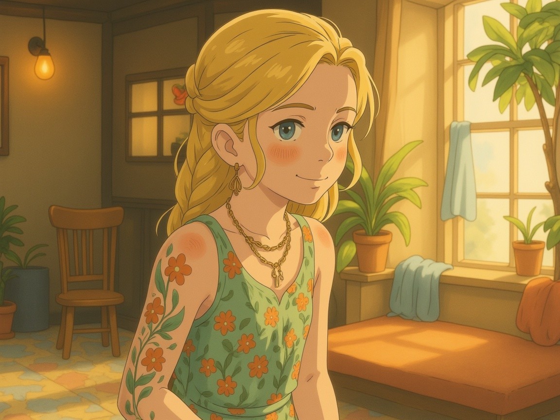 Cheerful girl in floral dress in cozy sunlit room