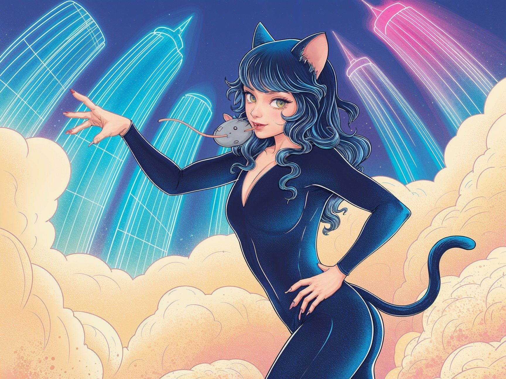 Whimsical Cat-Girl Character in Colorful Cityscape